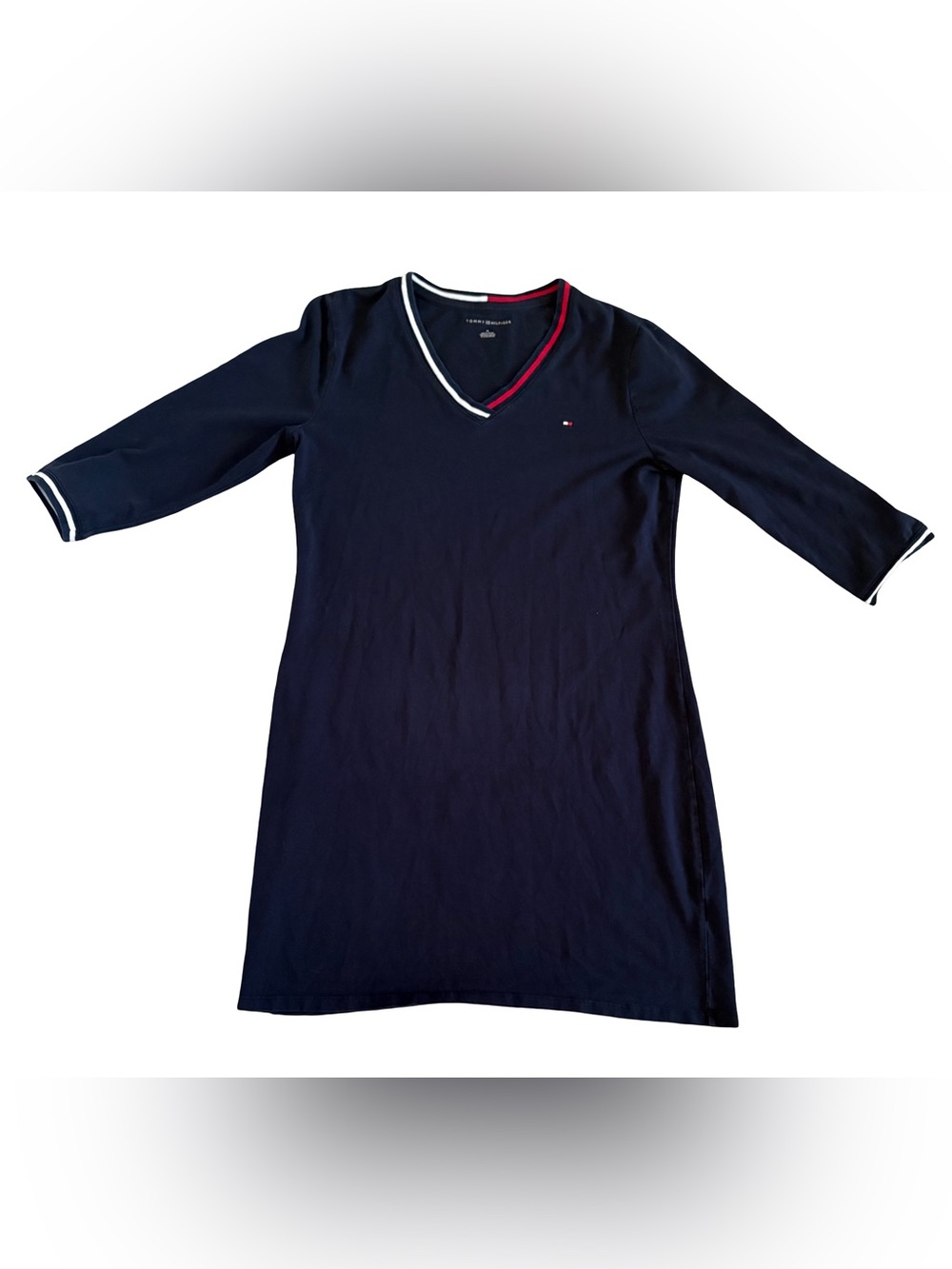 Tommy Hilfiger Women's V-Neck Contrast Stripe T-Shirt Dress Black Navy